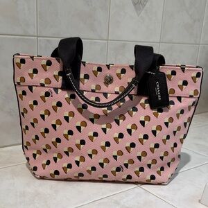 Coach Checkered Heart Pink and Black Patterned Print Canvas Tote Bag #F25917